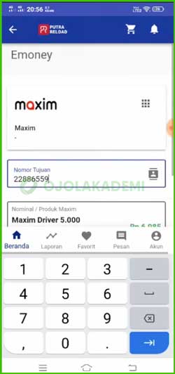 Masukkan Nomor ID Akun Maxim Driver
